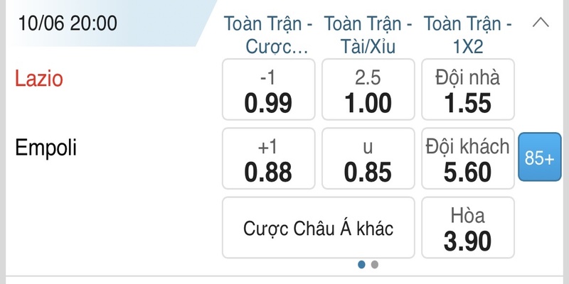 Minh họa bảng tỷ lệ cho 1X2